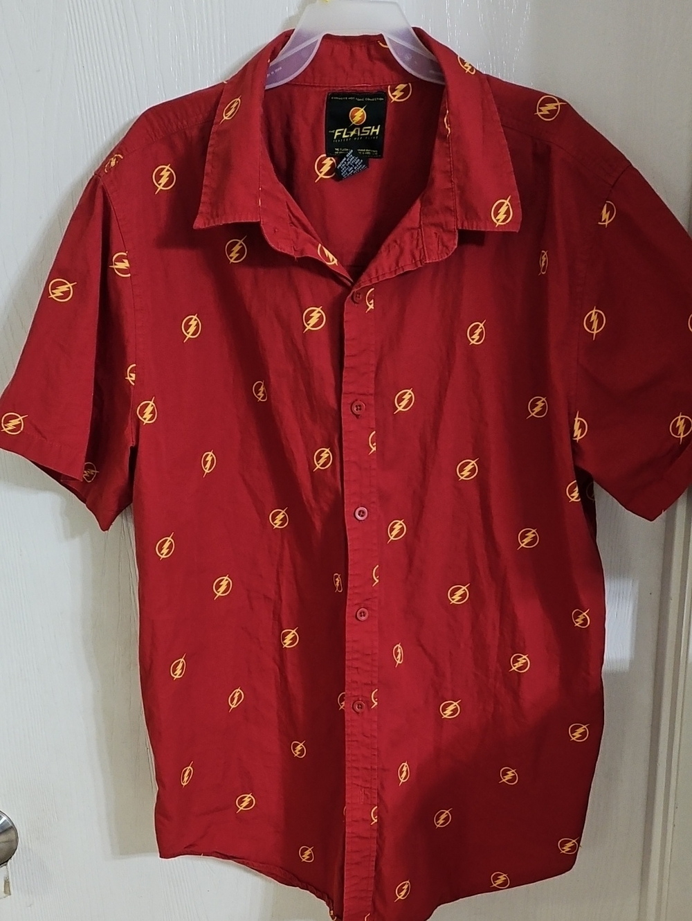 Hot Topic Red Short-Sleeve Button-Down with Yellow Flash Logos